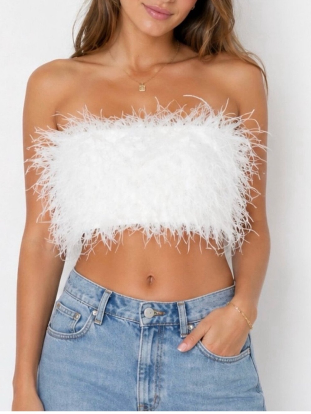 12th Tribe White Feather-Trim Strapless Crop Top